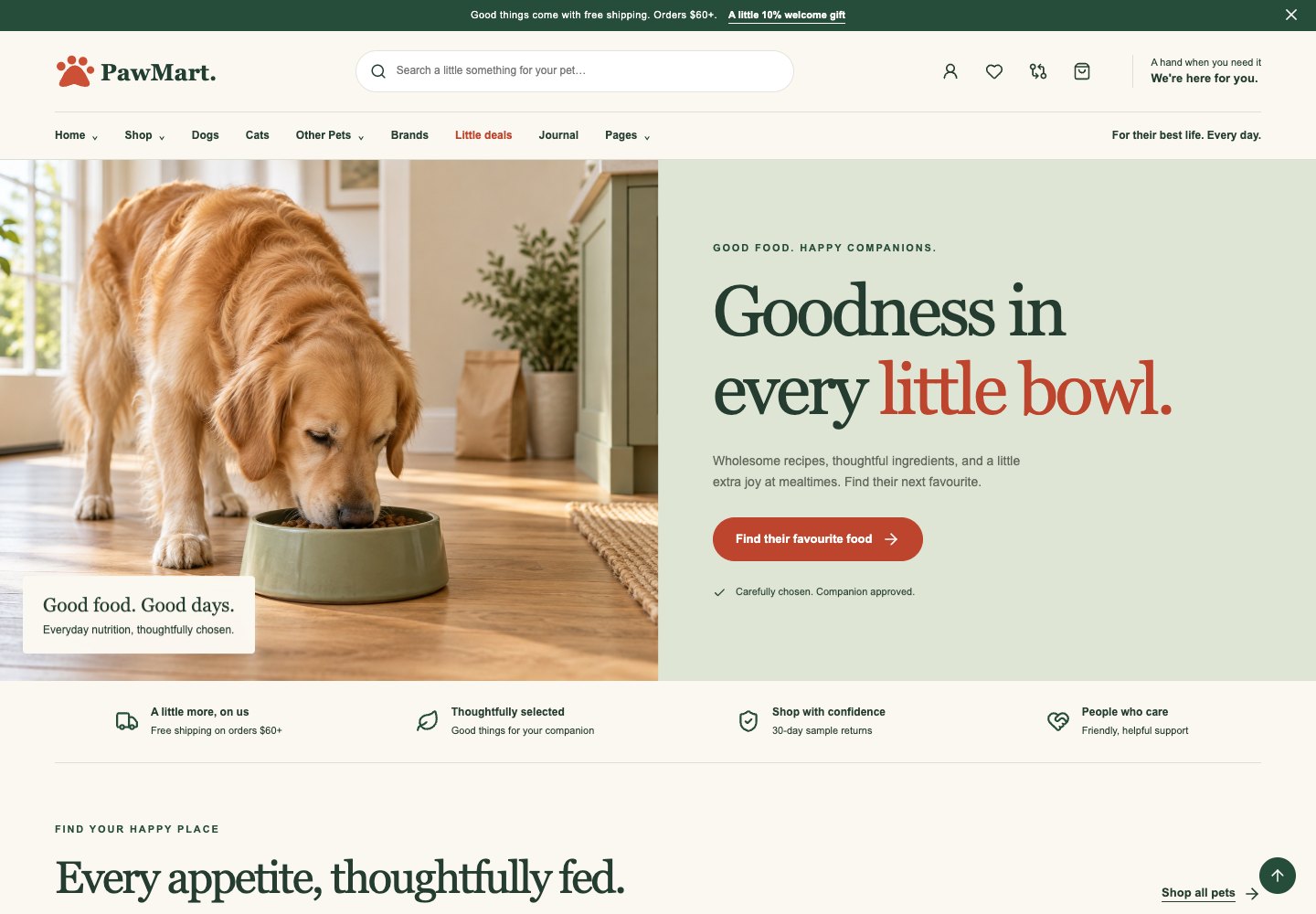 Pet Food Store nutrition homepage screenshot