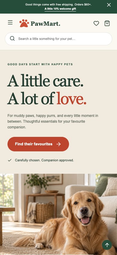 The same PawMart homepage designed for a mobile screen